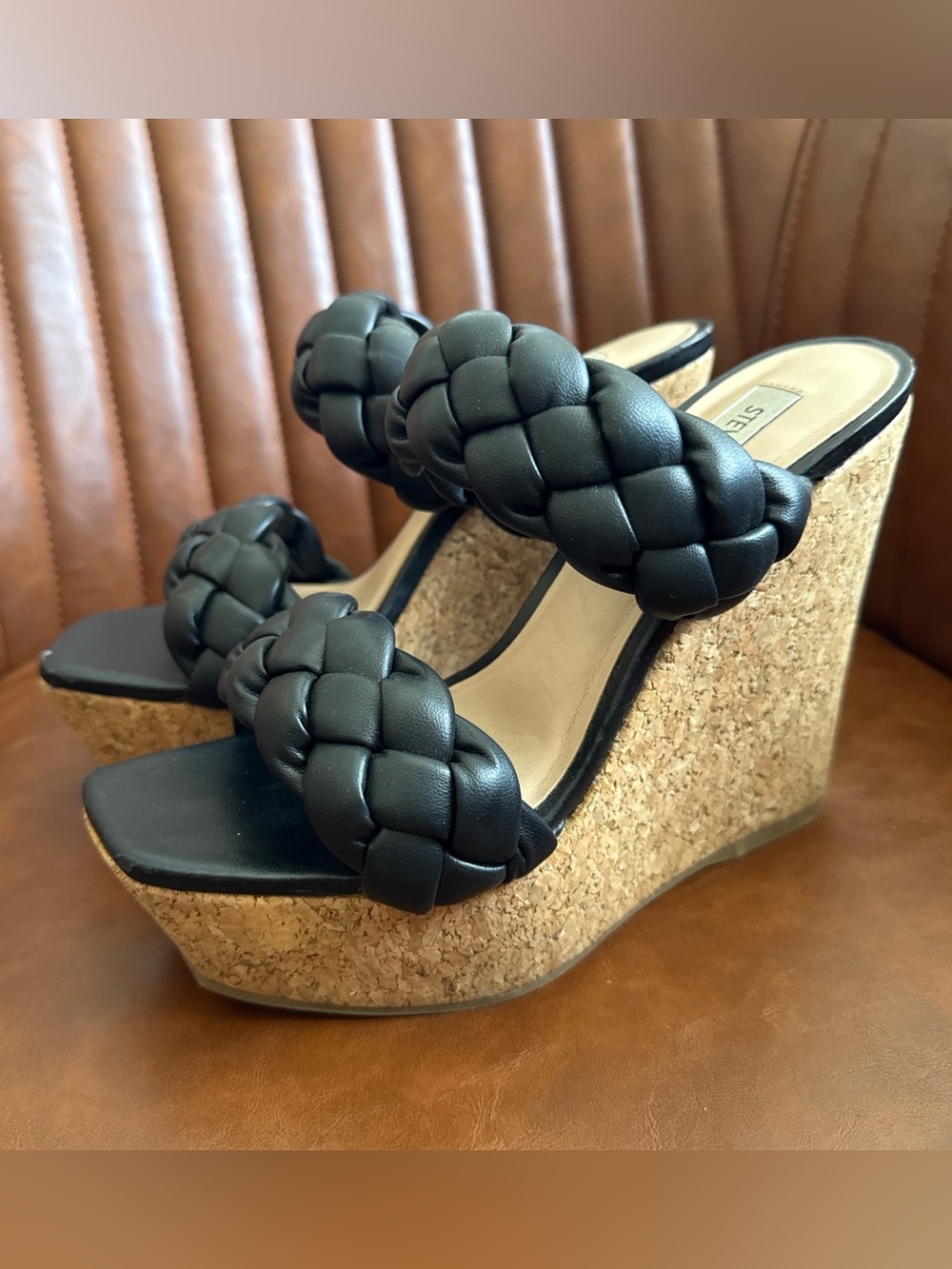 Steve Madden Black Braided Double-Strap Cork Wedge Sandals - Women